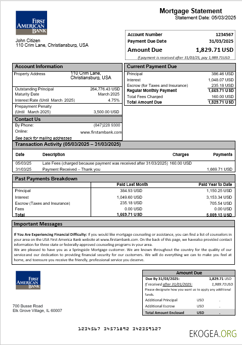 Relevé hypothécaire de la USA First America Bank aux formats Word et PDF